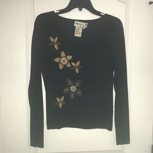 Joseph A Flower Appliqué Black V-Neck Sweater Size M